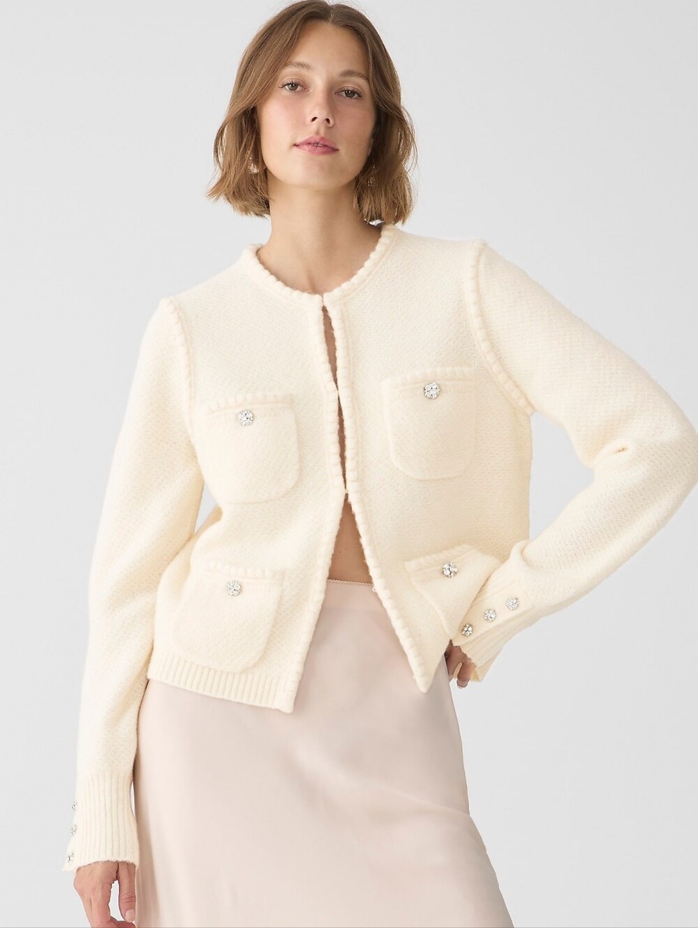 J Crew Odette Sweater Lady Jacket Jewel Buttons Cream Sz M Wool Alpaca Parisian